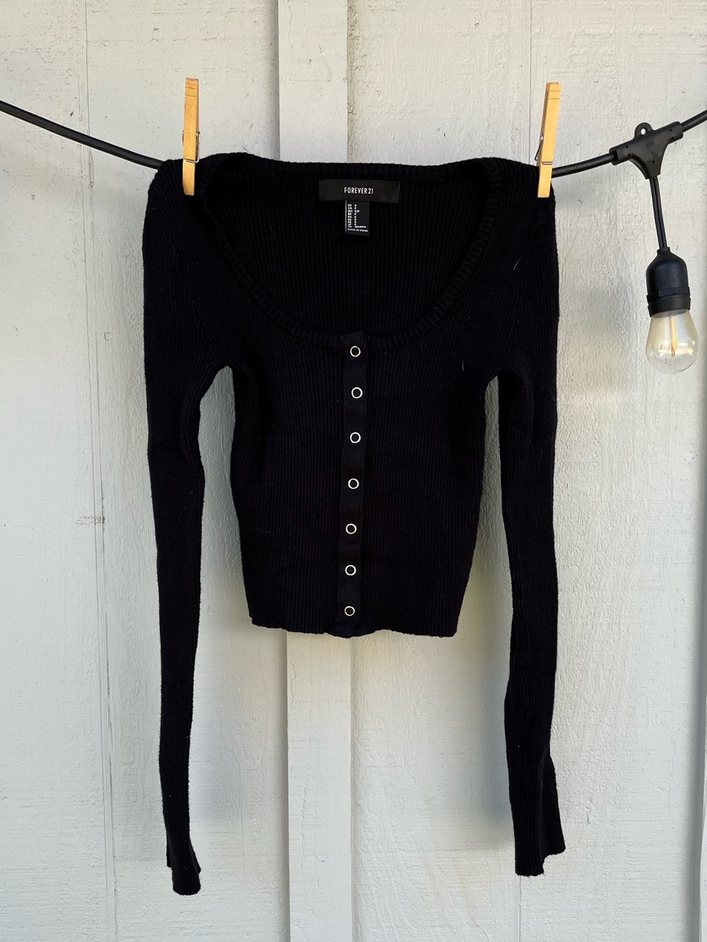 Forever 21 Black Ribbed Snap-Front Long Sleeve Top
